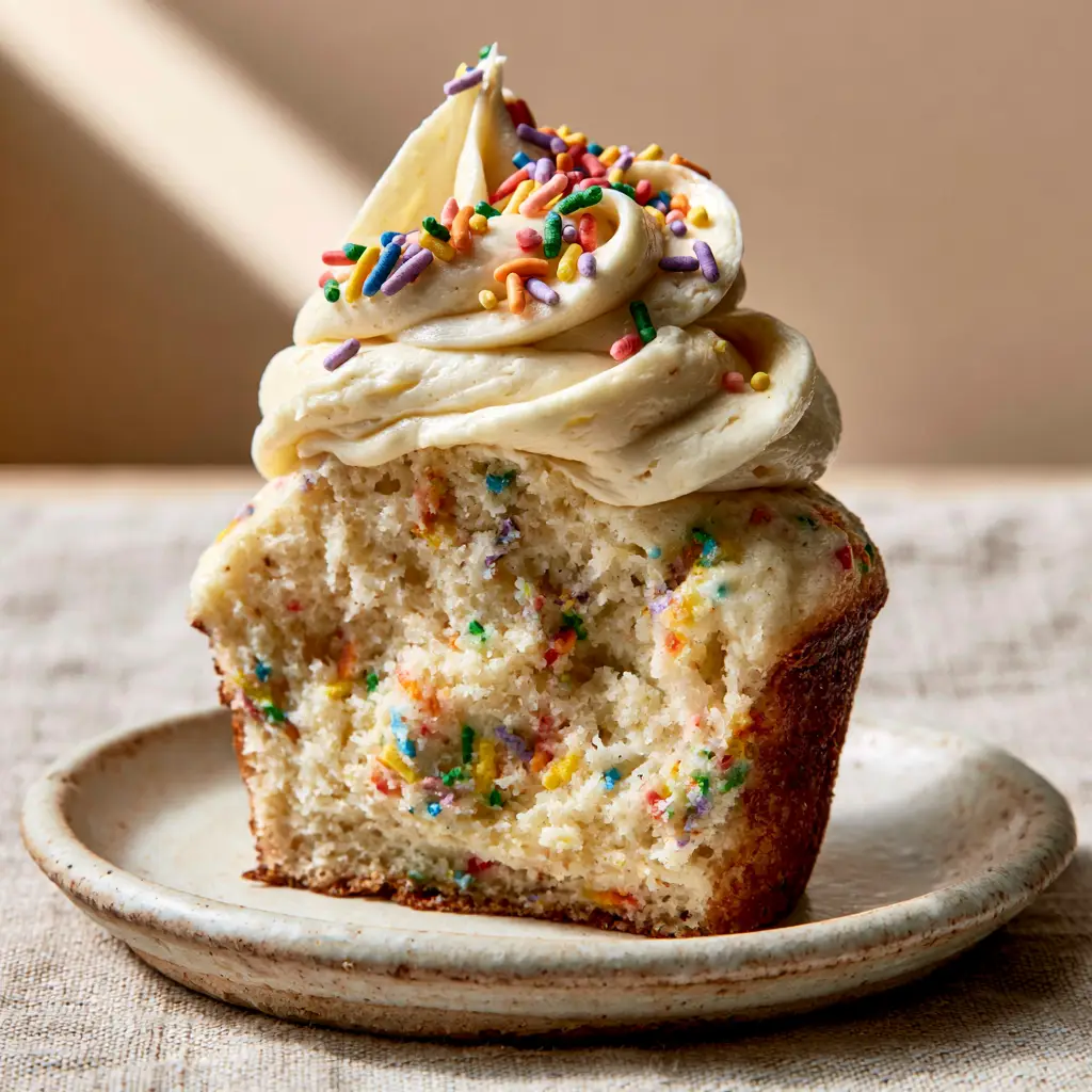 Funfetti Cupcakes: The Ultimate Moist Golden Vanilla Recipe 1 Close-up of a vanilla buttercream swirl topped with bright rainbow jimmies on a funfetti cupcake.