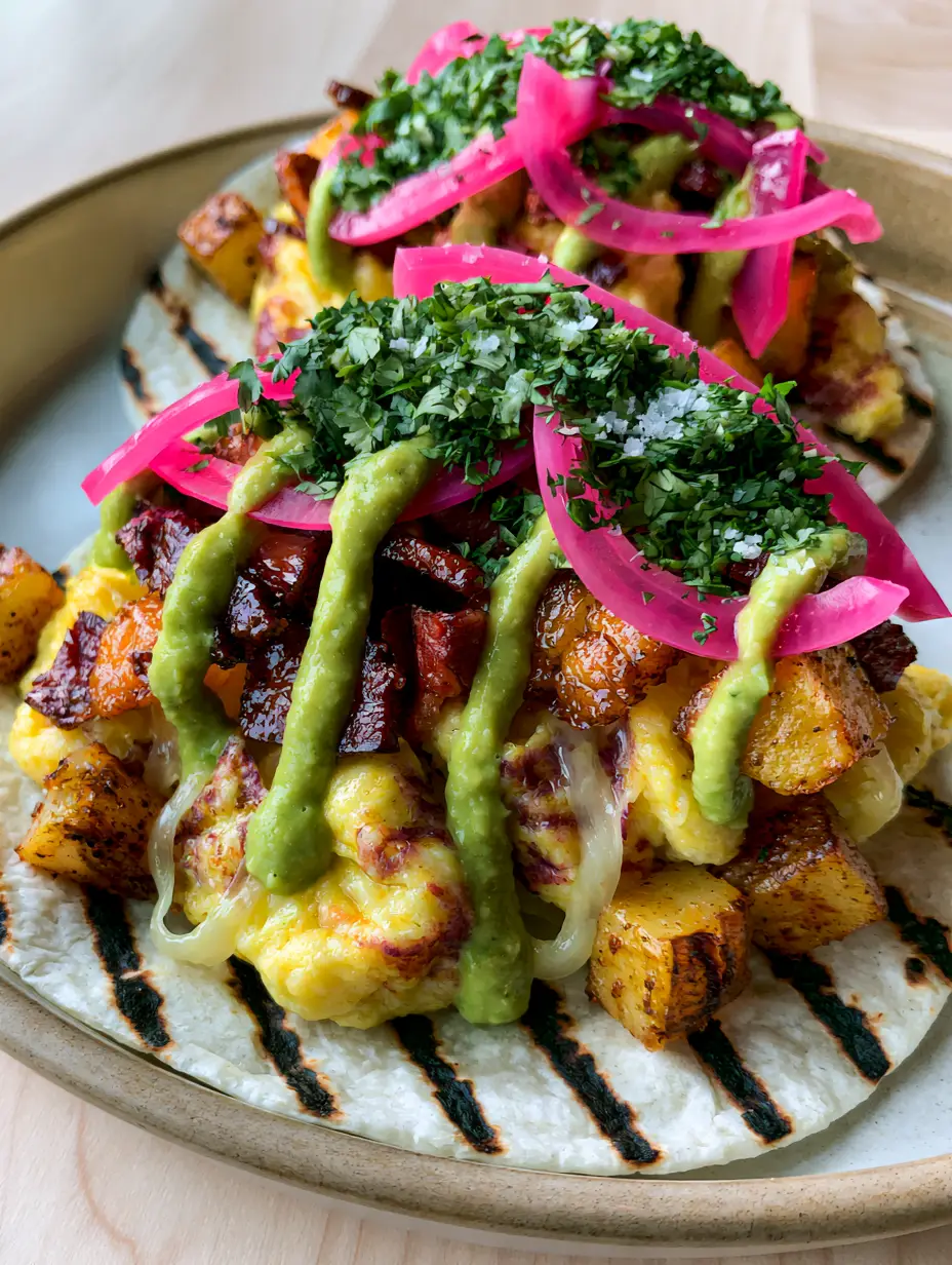 Close-up of breakfast tacos showing stringy Monterey Jack cheese and glistening bacon bits. (Breakfast tacos)