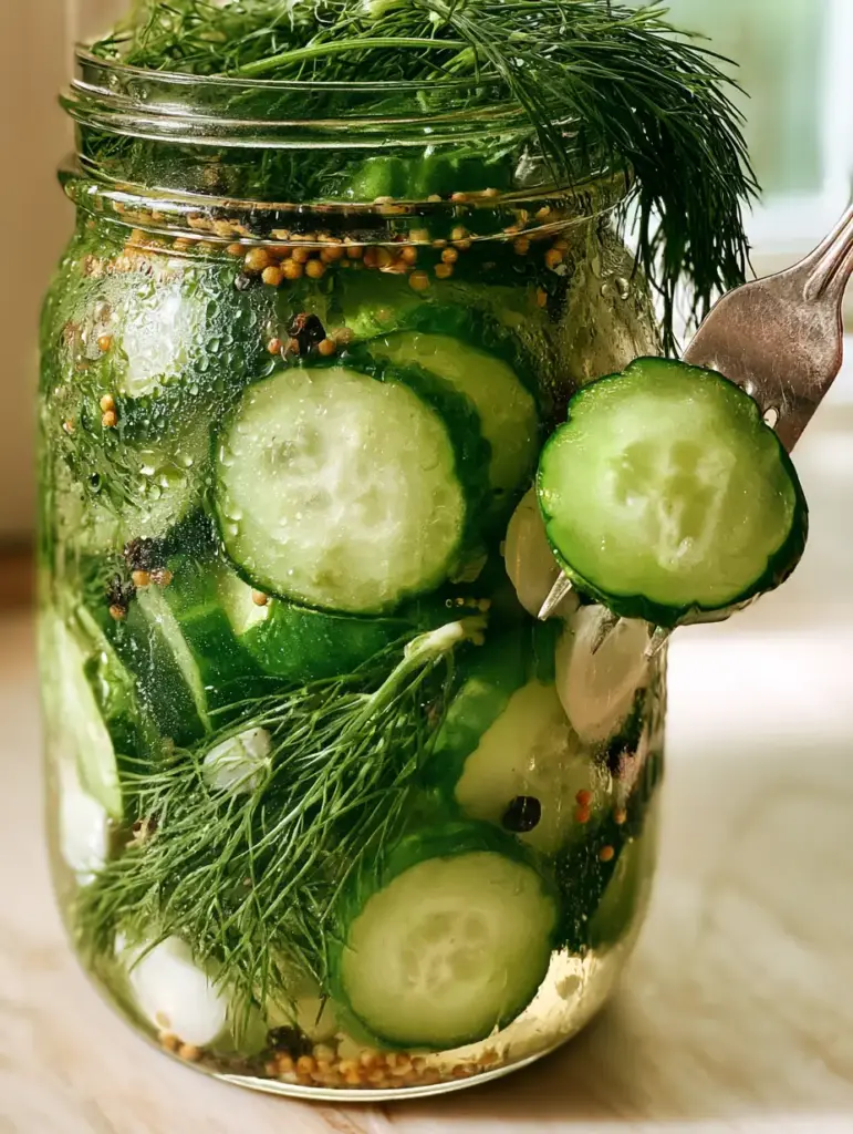 Quick Pickles Recipe: The Ultimate Guide to Ultra-Crispy Refrigerator Dill Pickles 1 A silver fork lifting a firm, thick-cut cucumber slice out of a jar filled with brine, mustard seeds, and peppercorns.
