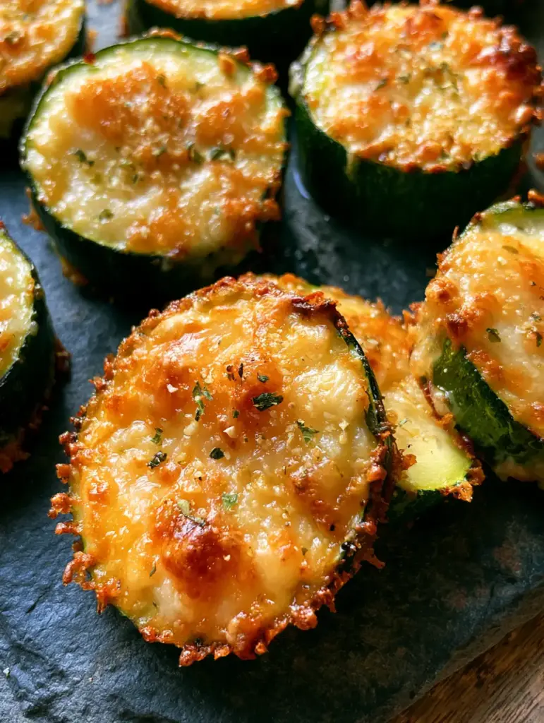 Parmesan Zucchini Rounds with a Crispy Golden Garlic Crust 2 Macro photo showing the vibrant green skin and bubbly golden cheese crust of Parmesan zucchini rounds.