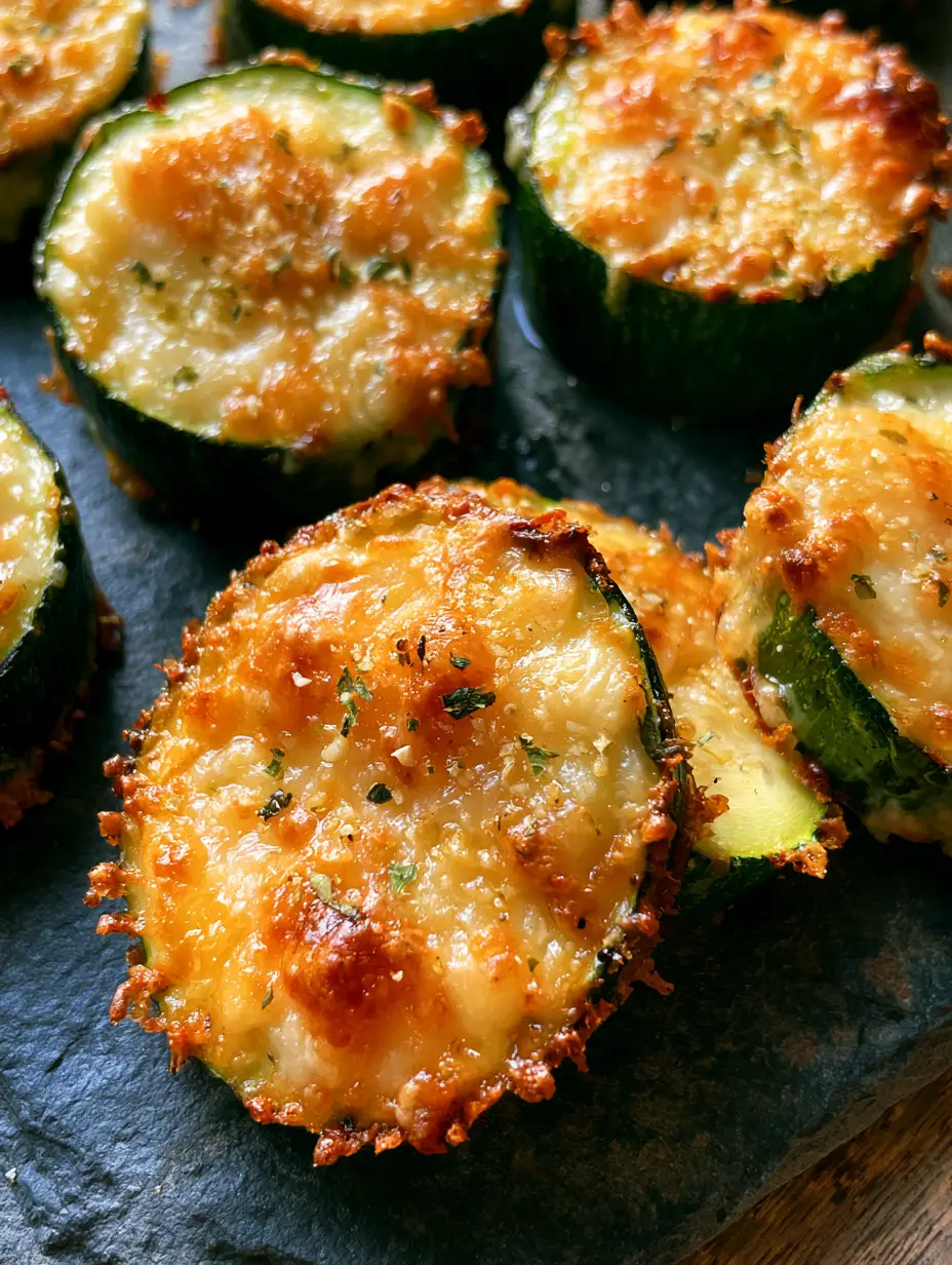 Parmesan Zucchini Rounds with a Crispy Golden Garlic Crust 4 Macro photo showing the vibrant green skin and bubbly golden cheese crust of Parmesan zucchini rounds.