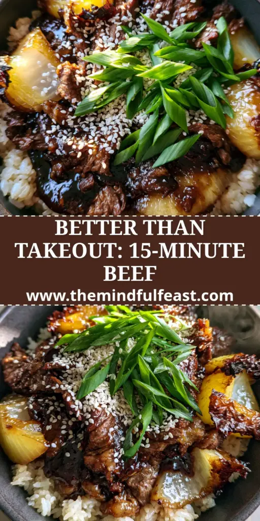 An overhead view of a dark charcoal bowl filled with glossy Beef and Onion Stir Fry over jasmine rice, garnished with sesame seeds and scallions. (Beef and Onion Stir Fry)