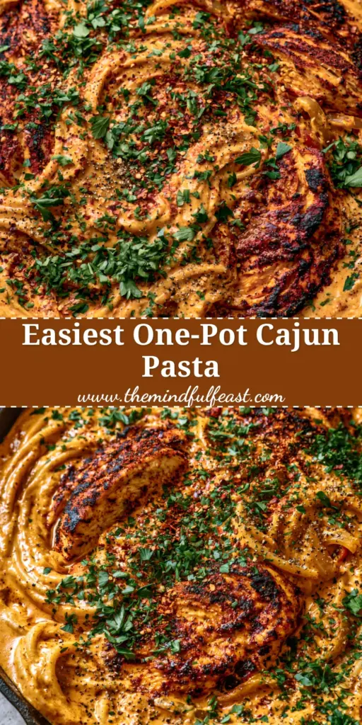A top-down view of a cast iron skillet filled with Creamy Cajun Chicken Spaghetti, featuring blackened chicken slices and red peppers.