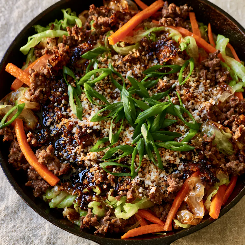Ground Beef Cabbage Stir Fry: A 20-Minute Crispy Skillet Masterpiece 2 Close-up macro shot of crispy browned ground beef and translucent cabbage ribbons in a soy-ginger glaze. (ground beef cabbage stir fry)