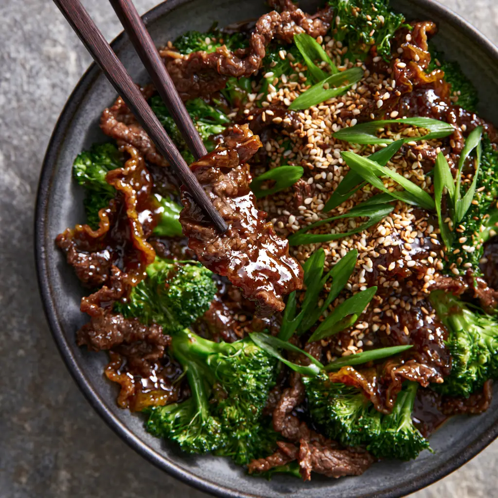 Beef with Oyster Sauce: The Ultimate Guide to Silky Velveted Steak 2 Extreme close-up of glossy velveted beef stir fry with bright green scallions and sesame seeds. (beef with oyster sauce)