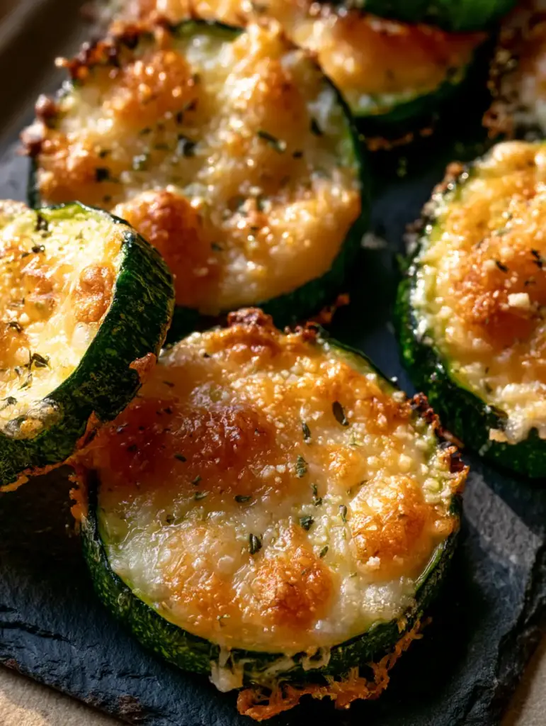 Parmesan Zucchini Rounds with a Crispy Golden Garlic Crust 1 Parmesan zucchini rounds arranged on a rustic slate board, showing a tilted slice with a crisp bottom.