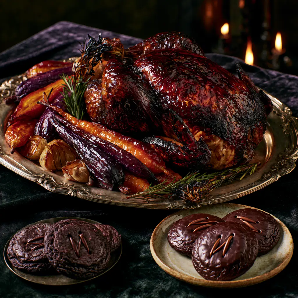 Close-up of a mahogany glazed chicken with crispy skin and singed rosemary. (Coraline Other Mother's Dinner)