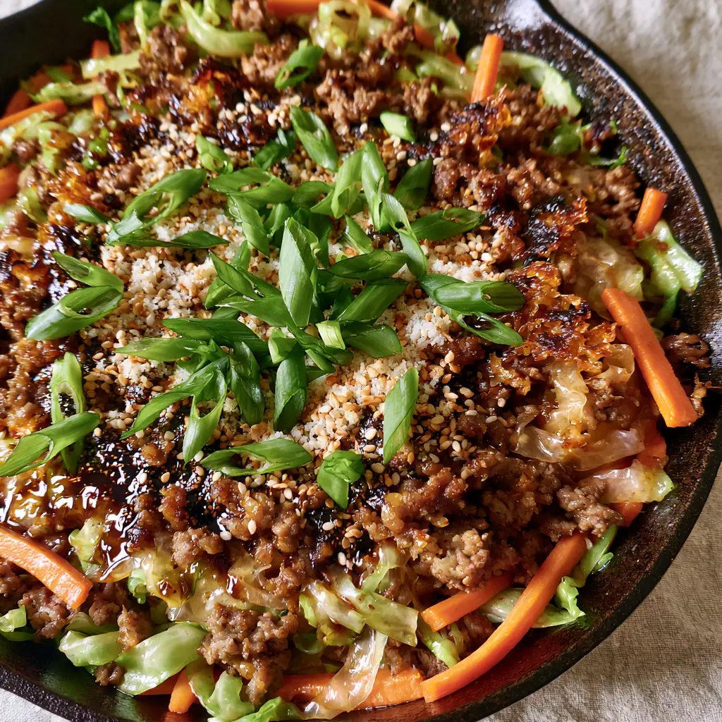 Ground Beef Cabbage Stir Fry: A 20-Minute Crispy Skillet Masterpiece 1 A steaming cast iron skillet filled with ground beef cabbage stir fry garnished with sesame seeds and scallions.