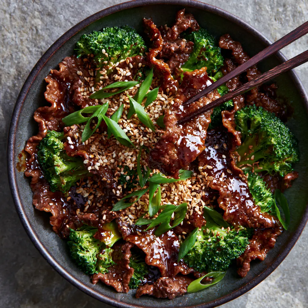 Beef with Oyster Sauce: The Ultimate Guide to Silky Velveted Steak 1 Dark wooden chopsticks lifting a tender, wavy slice of beef with oyster sauce over a stoneware bowl.