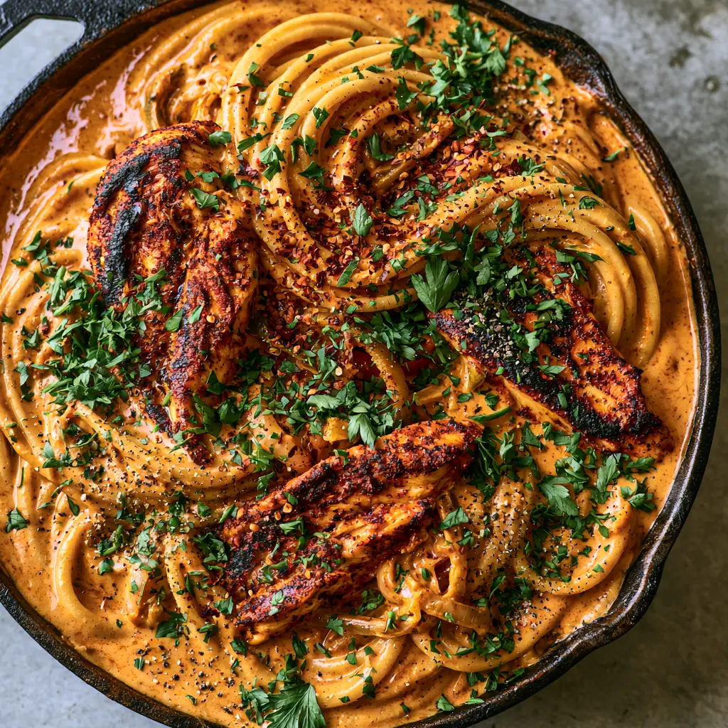 Slices of blackened chicken with golden-brown charred edges resting on a bed of Creamy Cajun Chicken Spaghetti.