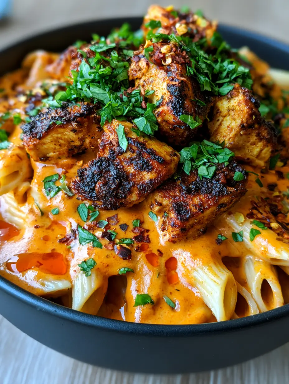 Cajun Chicken Pasta: Creamy, Blackened, and Restaurant-Quality 4 Extreme close-up of Cajun Chicken Pasta showing charred chicken edges and glossy orange-red cream sauce. (Cajun Chicken Pasta)