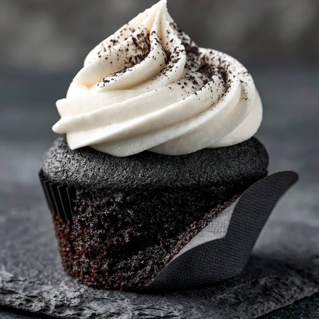 Detail shot of the clean ridges on a stark-white cream cheese frosting swirl dusted with black cocoa. (black velvet cupcakes)