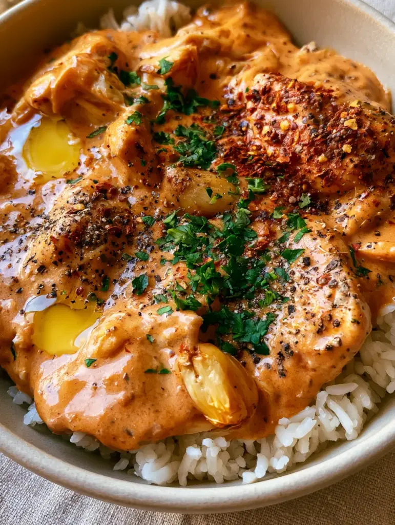 Crockpot Cajun Butter Chicken: The Ultimate Slow-Cooked Comfort Meal 2 Top-down macro photo of shredded chicken in orange Cajun sauce with garlic butter pools. (Crockpot Cajun Butter Chicken)