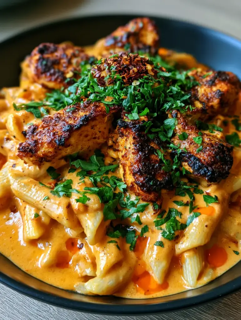 Cajun Chicken Pasta: Creamy, Blackened, and Restaurant-Quality 1 A handheld photo of creamy penne pasta with blackened chicken chunks and red pepper flake garnishes. (Cajun Chicken Pasta)