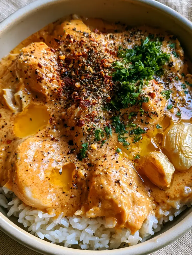 Crockpot Cajun Butter Chicken: The Ultimate Slow-Cooked Comfort Meal 1 A macro view showing whole roasted garlic cloves and red pepper flakes on top of shredded chicken. (Crockpot Cajun Butter Chicken)