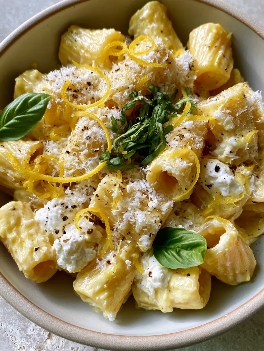 Creamy Lemon Ricotta Pasta with Whipped Ricotta and Fresh Basil 3 Extreme close-up of rigatoni coated in a thick, glossy pale-yellow lemon ricotta sauce. (creamy lemon ricotta pasta)