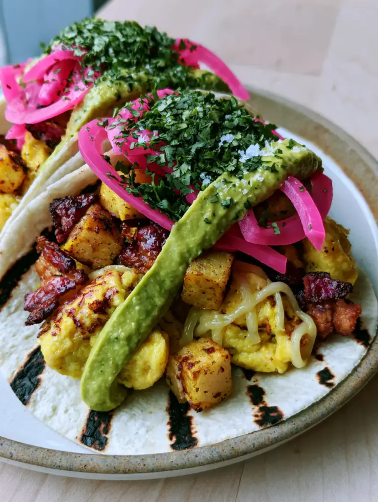 Three breakfast tacos on a ceramic plate with precise avocado crema drizzle and bright pink pickled onions.