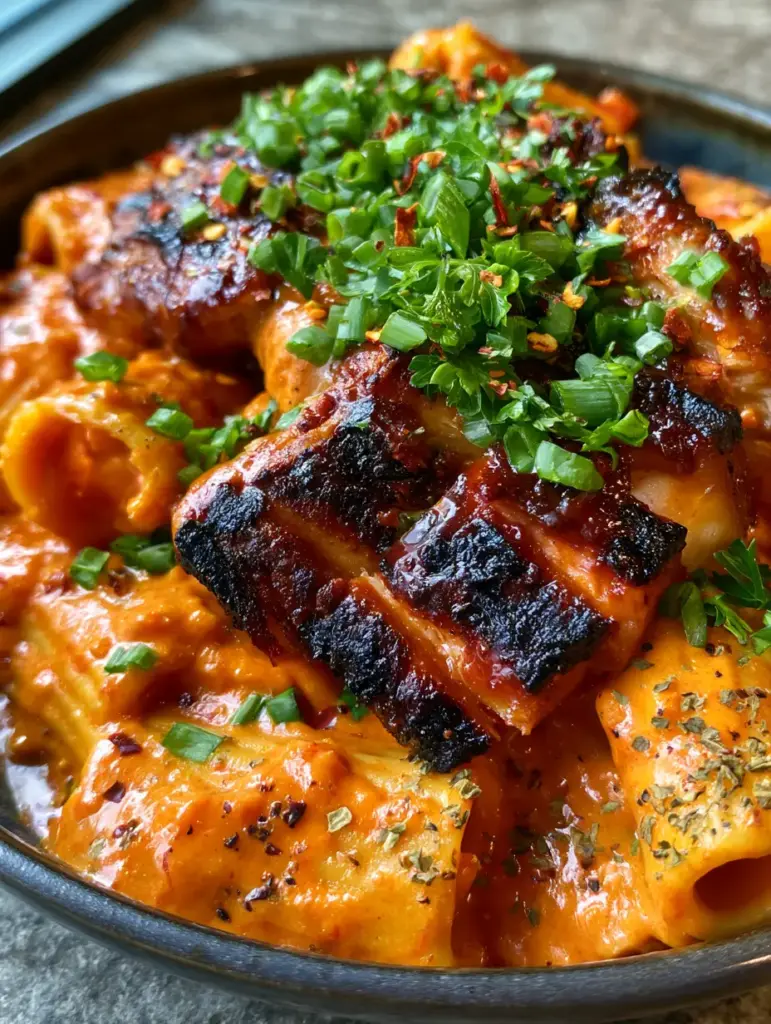 Juicy seared chicken breast with dark grill marks and a glossy mahogany BBQ glaze over rigatoni.