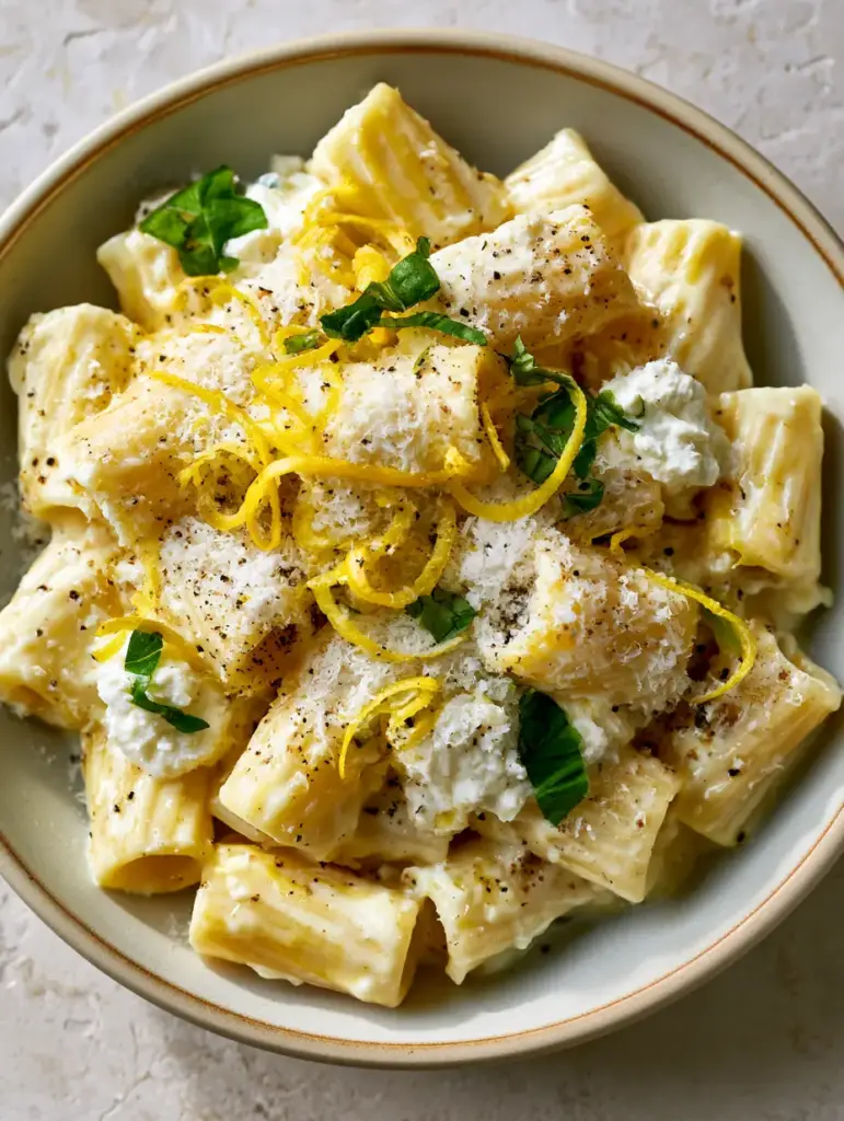 Creamy Lemon Ricotta Pasta with Whipped Ricotta and Fresh Basil 1 Top-down view of pasta with whipped ricotta dollops and snowy parmesan cheese shavings. (creamy lemon ricotta pasta)