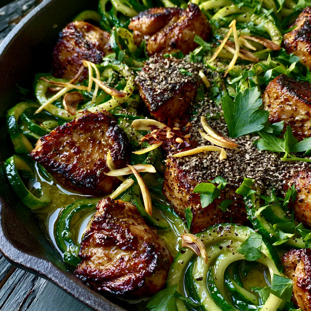 Garlic chicken zucchini noodles: The Ultimate 20-Minute Low-Carb Skillet 2 Extreme macro overhead shot of seared golden chicken chunks and vibrant green zoodles in a black skillet. (Garlic chicken zucchini noodles)