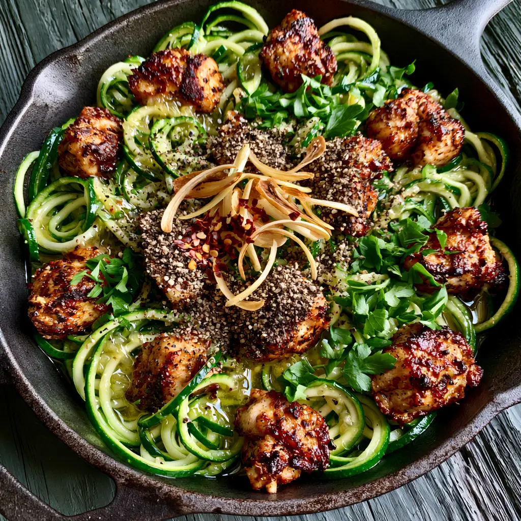 Garlic chicken zucchini noodles: The Ultimate 20-Minute Low-Carb Skillet 1 Rustic cast iron skillet with Garlic chicken zucchini noodles showing thin golden butter sauce and toasted garlic slivers.