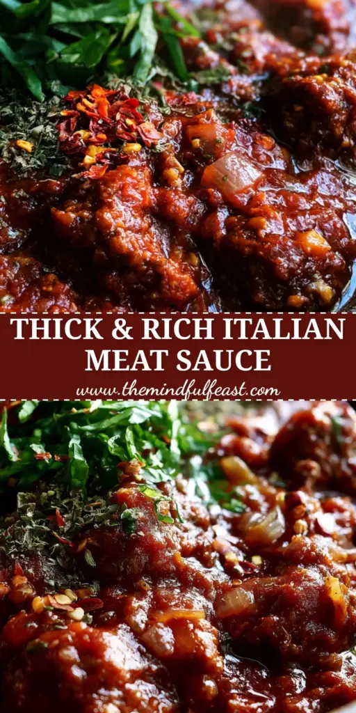 Italian Spaghetti Sauce: The Ultimate Thick and Meaty Authentic Ragù 4 A rustic bowl of thick Italian Spaghetti Sauce featuring chunky meat, crimson tomatoes, and fresh basil ribbons over pappardelle pasta.