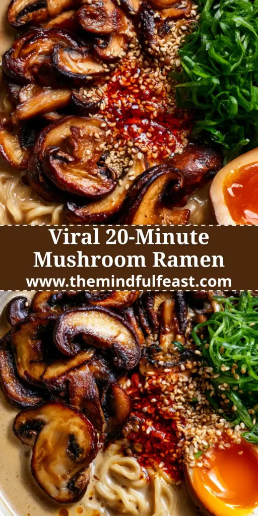 Mushroom Ramen Noodles with Velvety Umami Broth and Jammy Eggs 4 A top-down macro shot of Mushroom Ramen Noodles featuring a jammy egg, seared mushrooms, and red chili oil in a ceramic bowl.