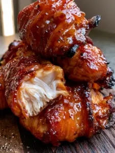 Close-up of bubbling amber glaze on bacon brown sugar chicken tenders showing charred edges and rising steam.