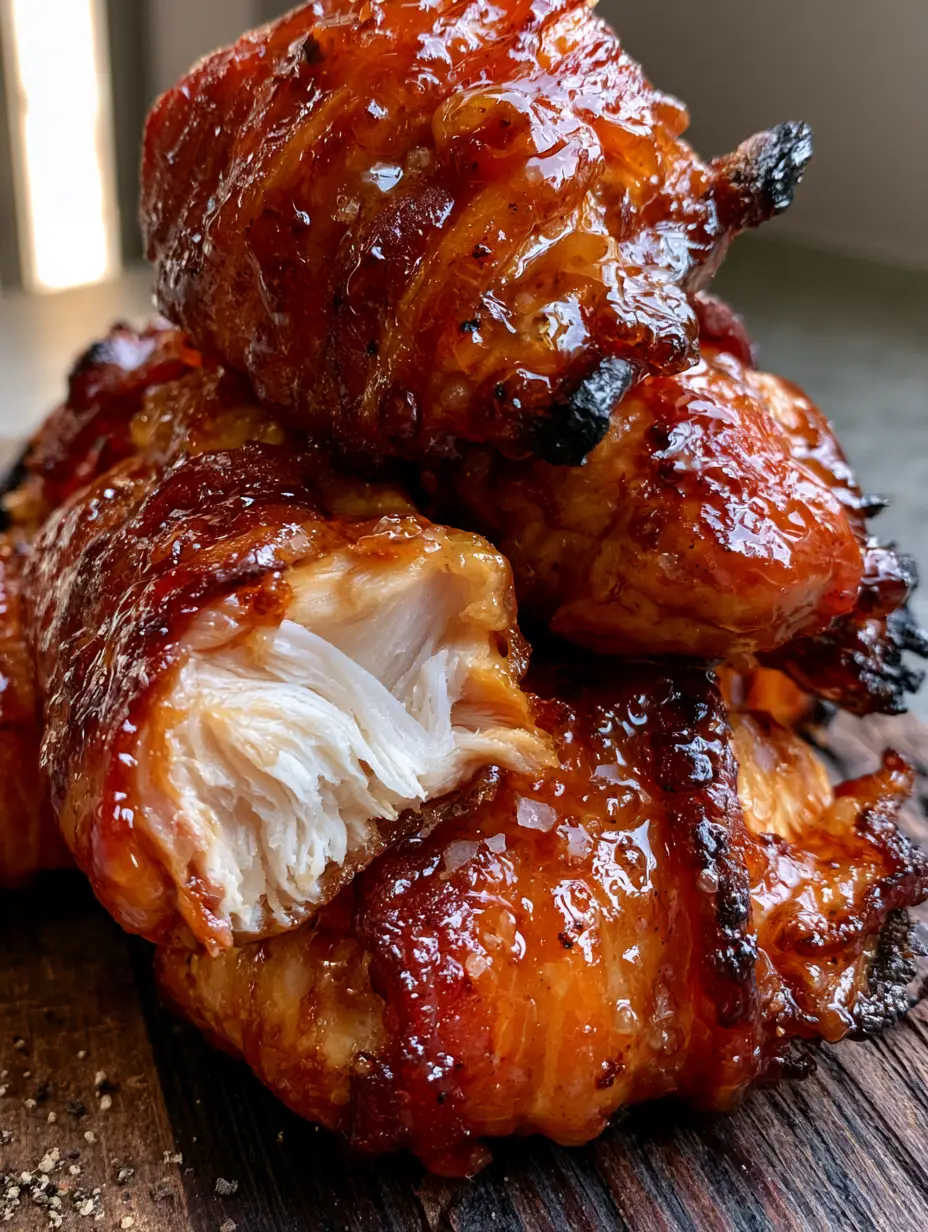 Bacon Brown Sugar Chicken Tenders: The Ultimate Sweet and Smoky Glazed Recipe 3 Close-up of bubbling amber glaze on bacon brown sugar chicken tenders showing charred edges and rising steam.