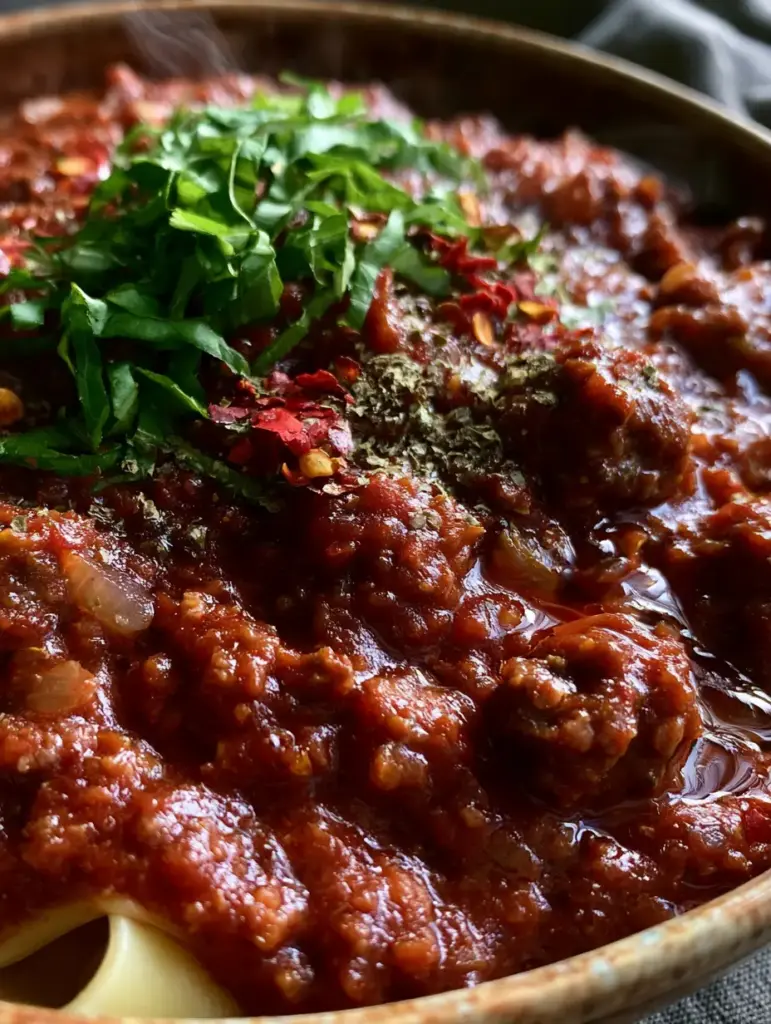 Italian Spaghetti Sauce: The Ultimate Thick and Meaty Authentic Ragù 2 Macro shot of glossy Italian Spaghetti Sauce with well-browned beef crumbles and seared sausage chunks. (Italian Spaghetti Sauce)