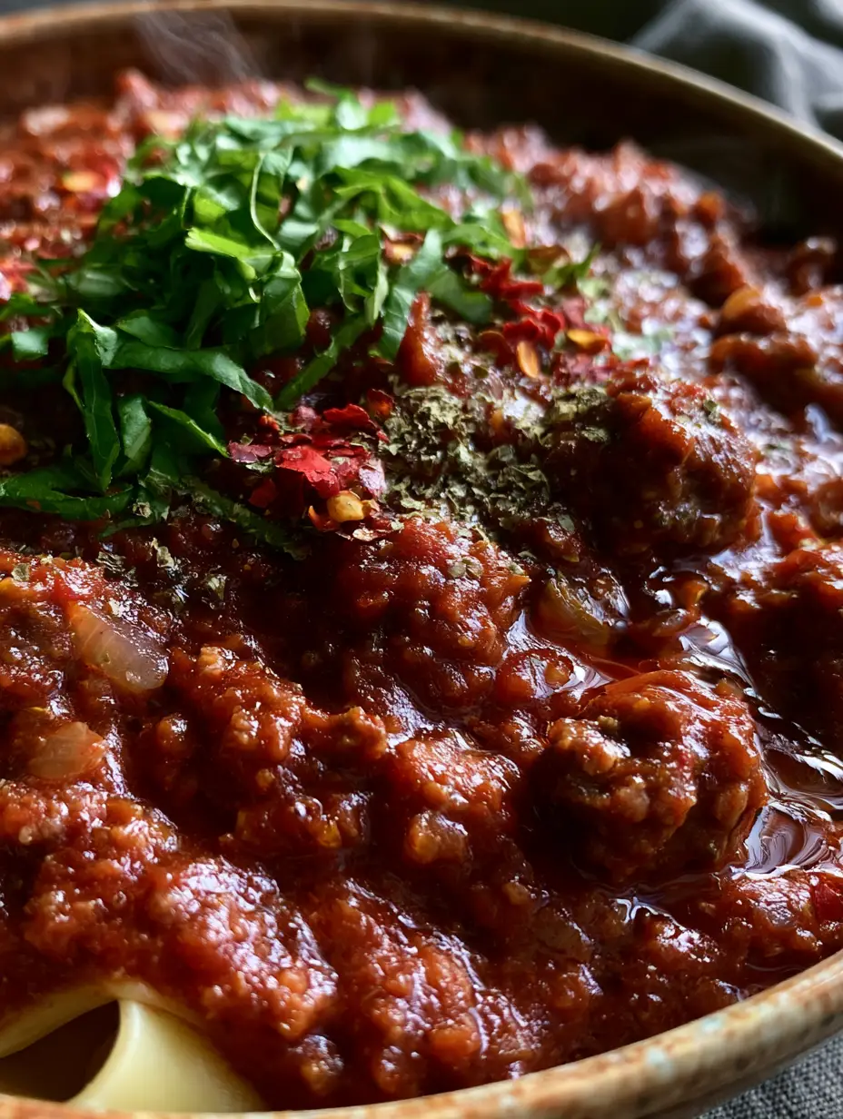 Italian Spaghetti Sauce: The Ultimate Thick and Meaty Authentic Ragù 3 Macro shot of glossy Italian Spaghetti Sauce with well-browned beef crumbles and seared sausage chunks. (Italian Spaghetti Sauce)