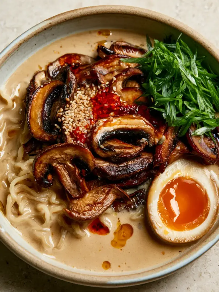 Mushroom Ramen Noodles with Velvety Umami Broth and Jammy Eggs 2 Close up shot of springy ramen noodles swirling in a velvety mushroom cream broth. (Mushroom Ramen Noodles)