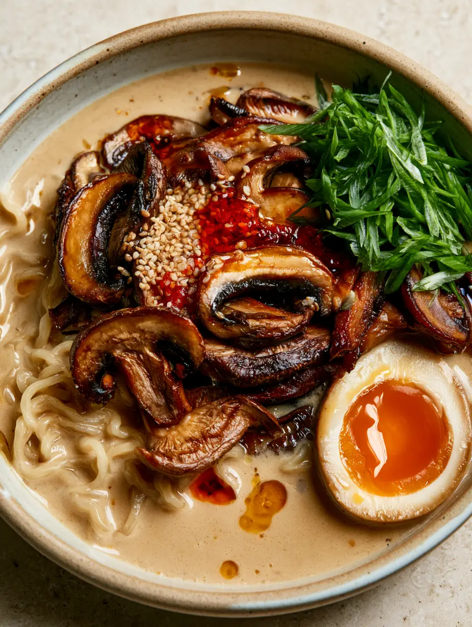 Mushroom Ramen Noodles with Velvety Umami Broth and Jammy Eggs 3 Close up shot of springy ramen noodles swirling in a velvety mushroom cream broth. (Mushroom Ramen Noodles)