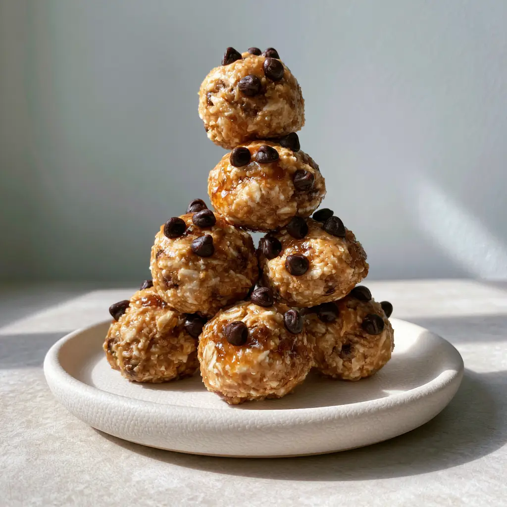 Smartphone photo showing a close-up of chewy energy oatmeal balls with a honey sheen and chocolate chips. (energy oatmeal balls)