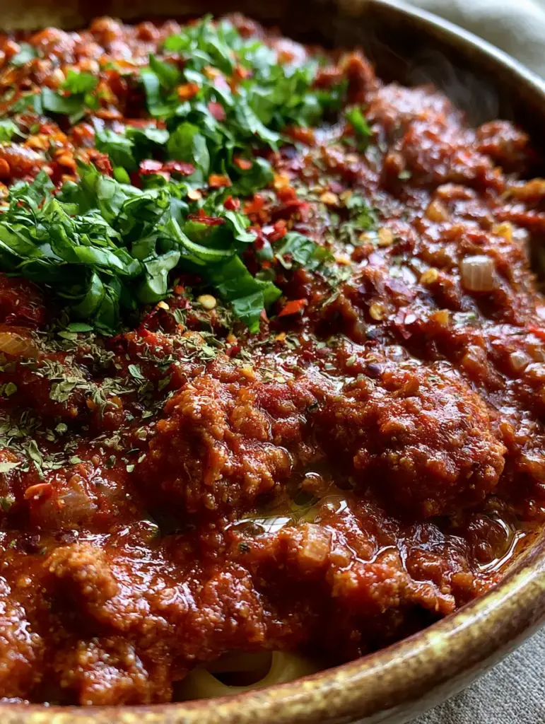 Italian Spaghetti Sauce: The Ultimate Thick and Meaty Authentic Ragù 1 Close-up of Italian Spaghetti Sauce garnished with fresh basil ribbons and red pepper flakes over pappardelle pasta.