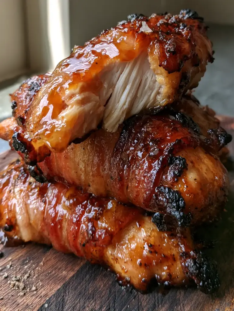 Bacon Brown Sugar Chicken Tenders: The Ultimate Sweet and Smoky Glazed Recipe 1 Bacon brown sugar chicken tender snapped in half to show the juicy white meat inside with a crispy bacon wrap.