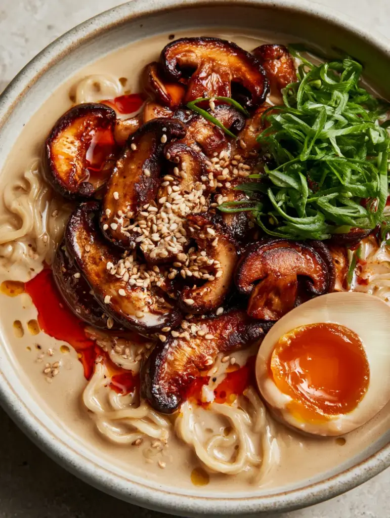 Mushroom Ramen Noodles with Velvety Umami Broth and Jammy Eggs 1 Slices of seared golden-brown cremini mushrooms and shiitakes on top of Mushroom Ramen Noodles.