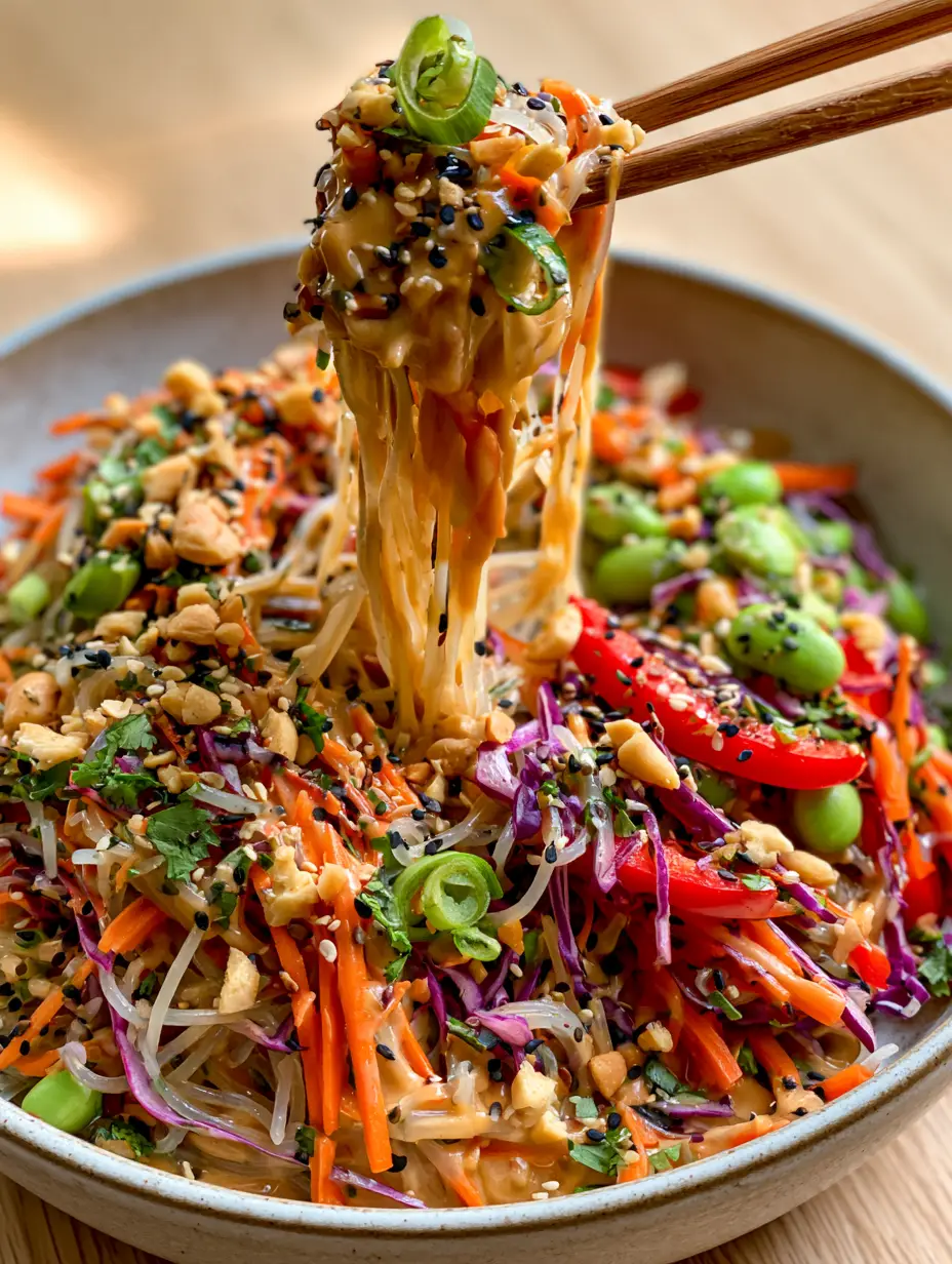 Asian Noodle Salad with Creamy Sesame Dressing and Crunchy Vegetables 4 Top-down view of a colorful Asian Noodle Salad in a matte bowl showing red peppers, edamame, and black sesame seeds. (Asian Noodle Salad)