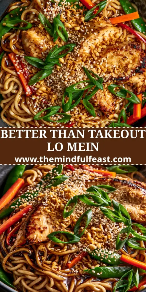 Garlic Chicken Lo Mein with Glossy Soy Glaze and Crispy Fried Garlic 4 A close-up, top-down view of Garlic Chicken Lo Mein in a charcoal bowl, showing glossy noodles, seared chicken, and vibrant snap peas.
