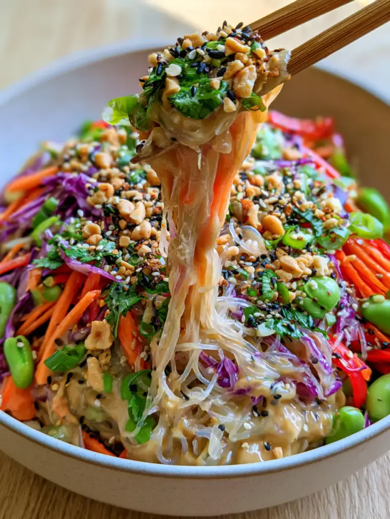 Asian Noodle Salad with Creamy Sesame Dressing and Crunchy Vegetables 1 Close-up detail of translucent rice noodles and crunchy matchstick carrots in a creamy tan dressing.