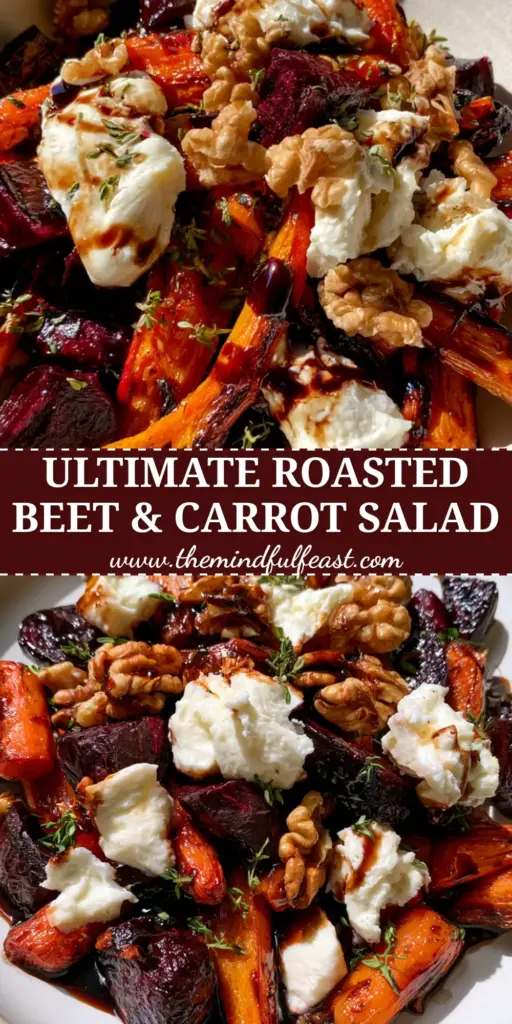 Roasted Beet and Carrot Salad with Maple Balsamic Glaze 4 A high-angle photo of a roasted beet and carrot salad in a white bowl with goat cheese and maple balsamic glaze.