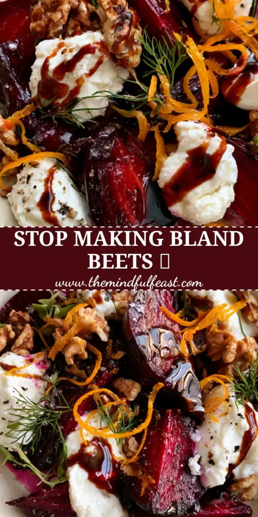 Ruby Red Beet Salad with Goat Cheese, Walnuts, and Balsamic Glaze 4 High-angle view of a Ruby Red Beet Salad with glistening roasted wedges, white goat cheese dollops, and balsamic drizzle in a rustic bowl.