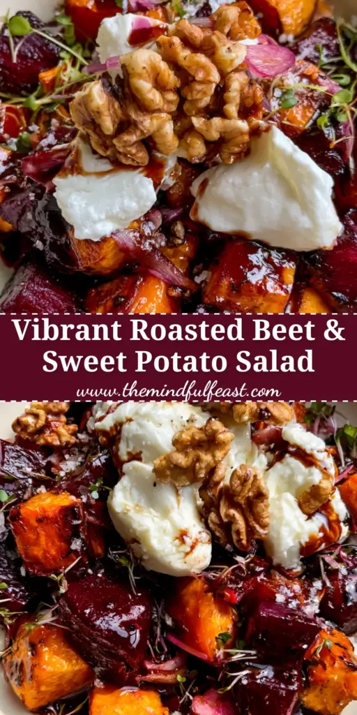 Roasted Beet Sweet Potato Salad Recipe with Maple Balsamic Glaze 4 A close-up shot of the Roasted Beet Sweet Potato Salad Recipe showing charred root vegetables and creamy goat cheese. (Roasted Beet Sweet Potato Salad Recipe)