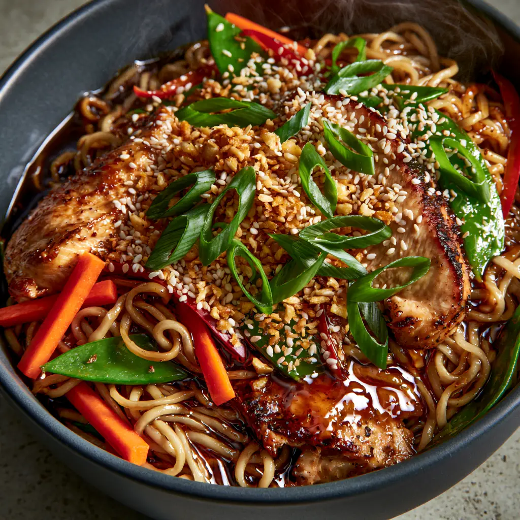 Garlic Chicken Lo Mein with Glossy Soy Glaze and Crispy Fried Garlic 2 Macro shot of steaming Garlic Chicken Lo Mein with visible steam, fried garlic, and sesame seeds.