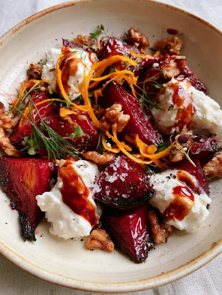 Ruby Red Beet Salad with Goat Cheese, Walnuts, and Balsamic Glaze 2 Close up photo of roasted ruby red beet wedges with balsamic glaze ribbons and fresh dill sprigs.