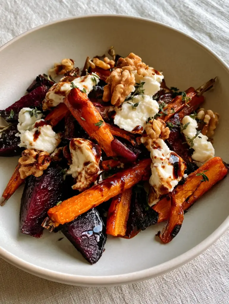 Roasted Beet and Carrot Salad with Maple Balsamic Glaze 2 Close-up of charred carrots and roasted purple beets with specular highlights from a dark maple balsamic glaze. (roasted beet and carrot salad)