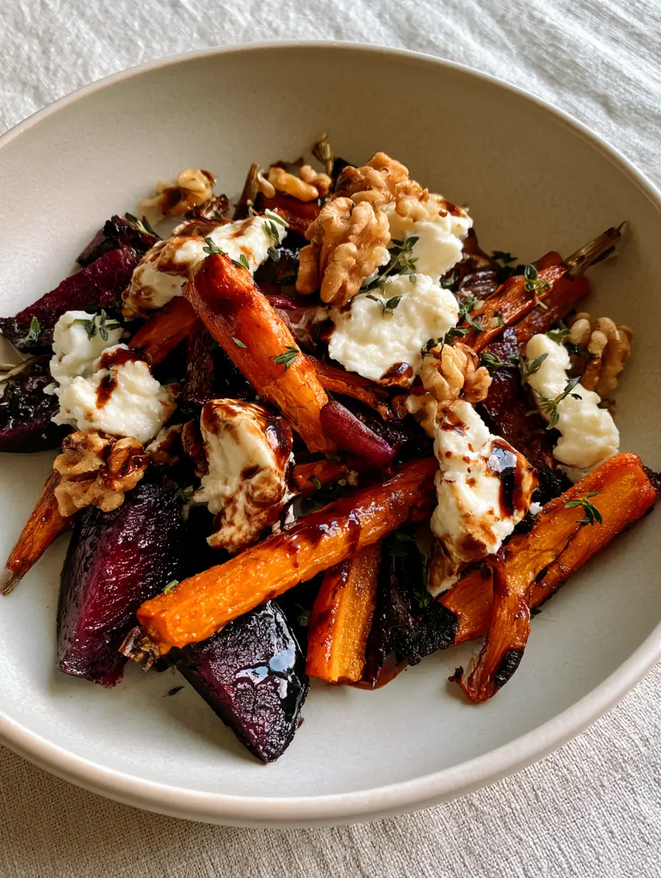 Roasted Beet and Carrot Salad with Maple Balsamic Glaze 3 Close-up of charred carrots and roasted purple beets with specular highlights from a dark maple balsamic glaze. (roasted beet and carrot salad)