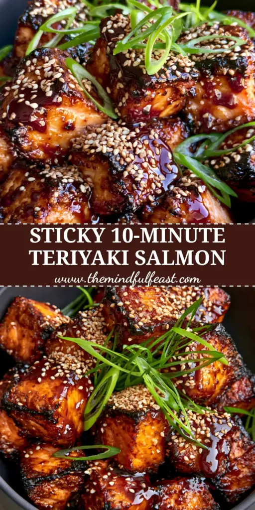 Close-up of air-fried teriyaki salmon bites with charred edges and mahogany glaze in a black bowl. (teriyaki salmon bites)