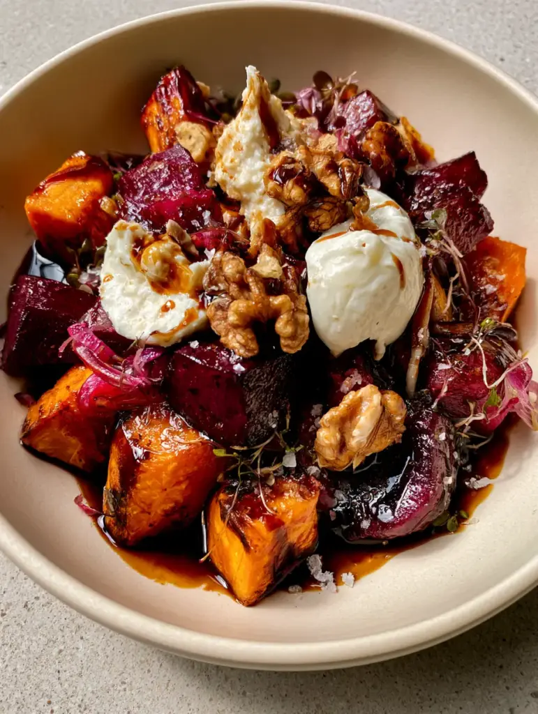 Roasted Beet Sweet Potato Salad Recipe with Maple Balsamic Glaze 2 Top-down view of Roasted Beet Sweet Potato Salad Recipe in a matte cream bowl with mahogany glaze and micro-greens. (Roasted Beet Sweet Potato Salad Recipe)
