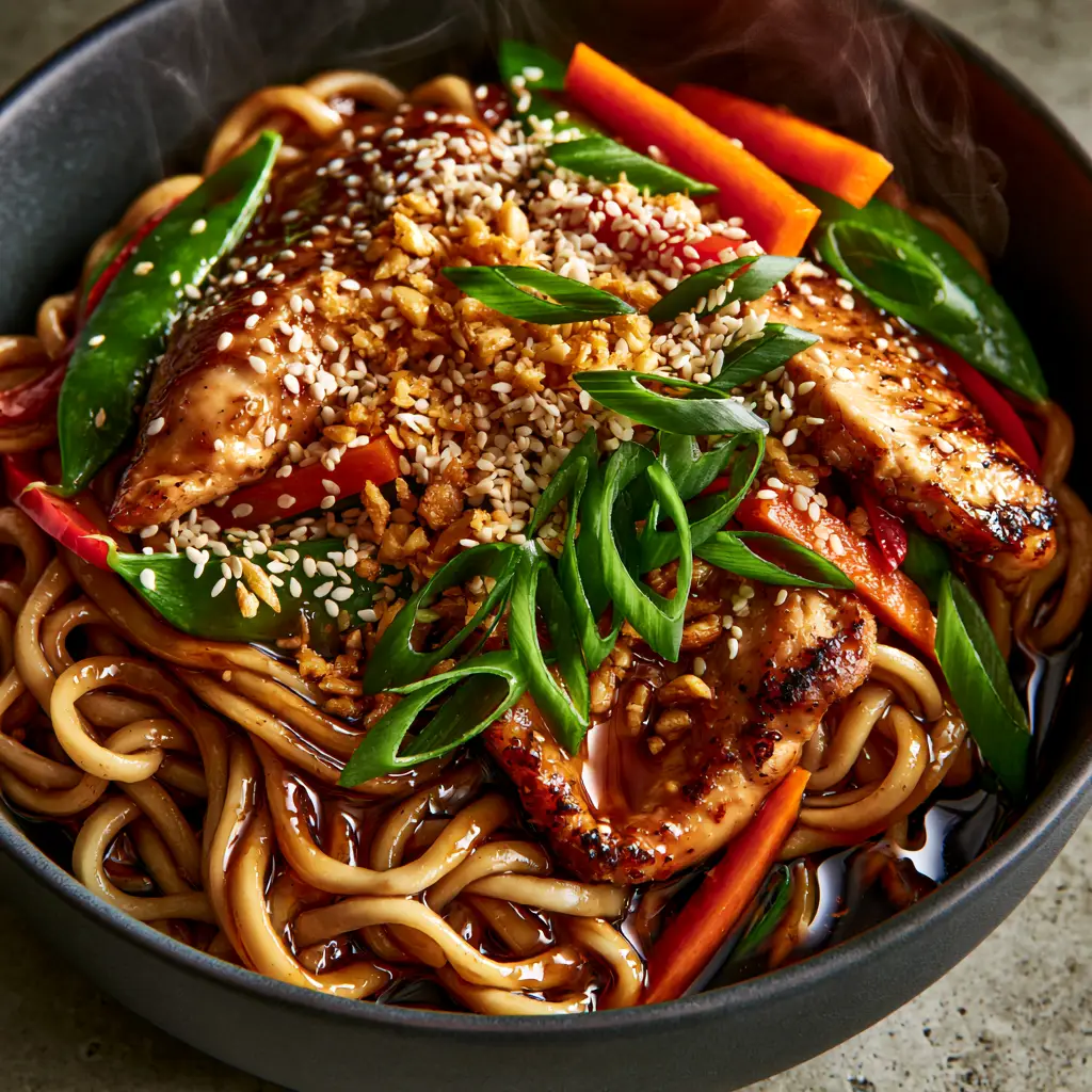 Garlic Chicken Lo Mein with Glossy Soy Glaze and Crispy Fried Garlic 1 High-contrast shot of Garlic Chicken Lo Mein in a matte black ceramic bowl on a concrete background.